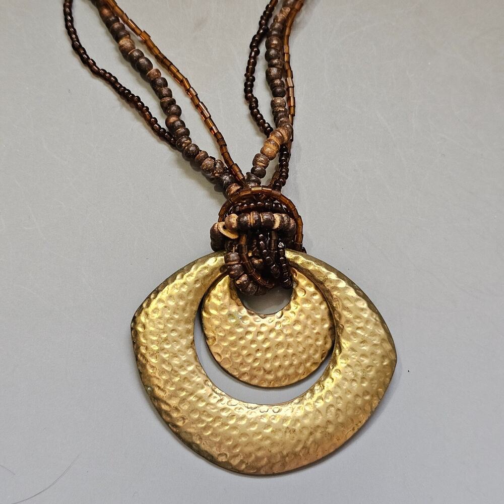 Coldwater Creek Hammered Medallion Pendant Necklace Seed Bead Triple Chain